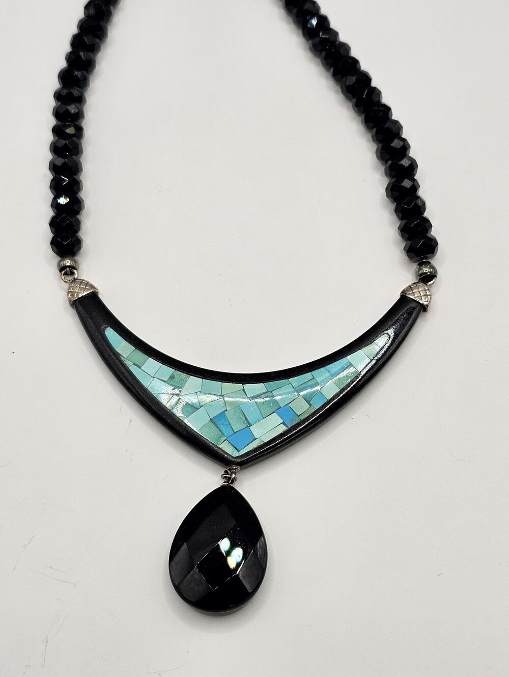 Authentic Jay King Mosaic Turquoise & Onyx Bib Necklace Sterling Silver!